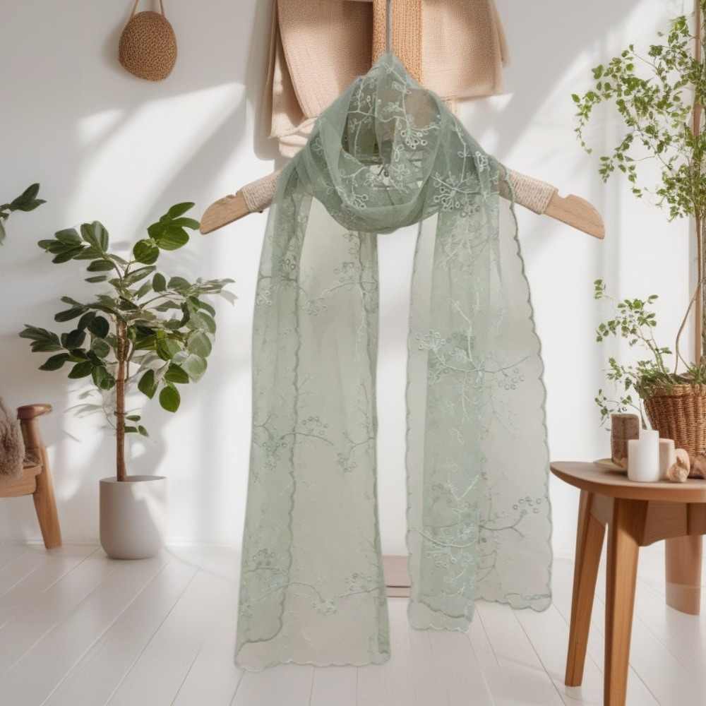 Petite écharpe longue en dentelle d'été, fleur brodée, longue soie, Version coréenne, châle décoratif polyvalent littéraire et rétro