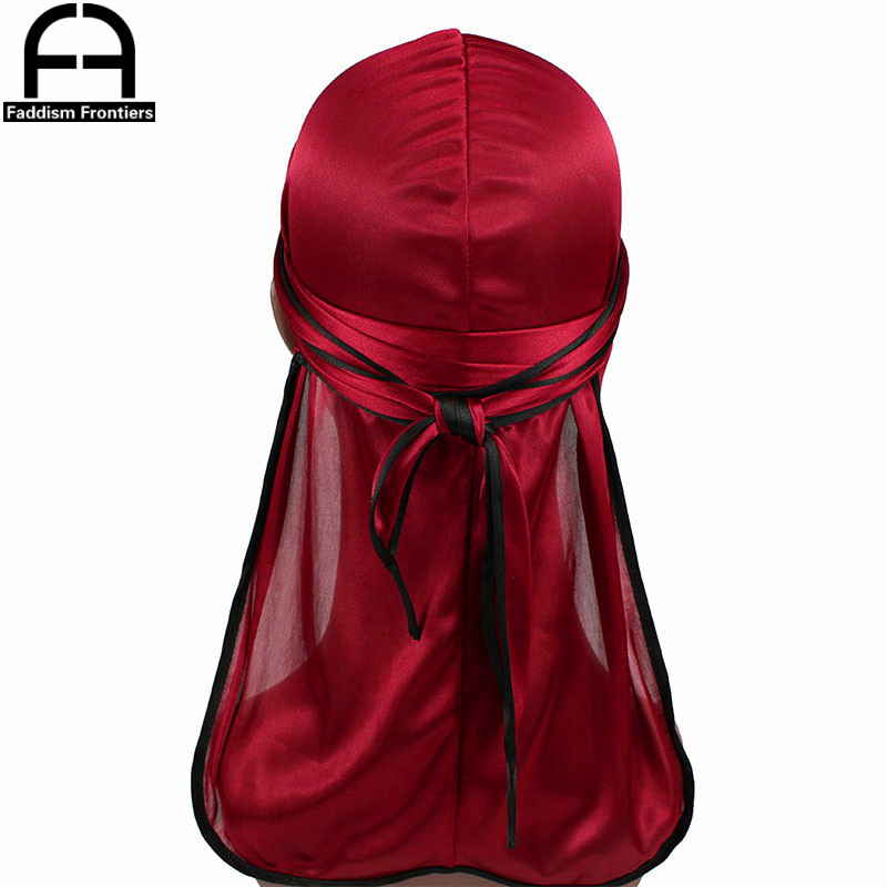 Unisexe hommes soyeux Durag noir couture soie Durags Bandanas pour hommes longue queue Doo Du Rag vague casquette