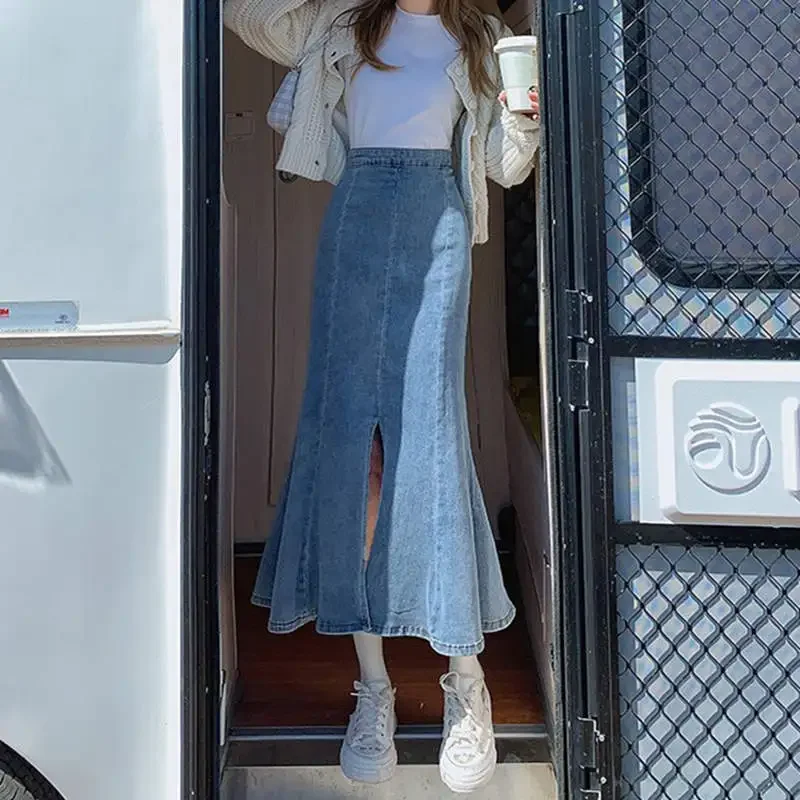 Jupe en denim taille haute à volants pour femmes, nouvelle jupe en queue de poisson commandée, jupes polyvalentes décontractées pour femmes, printemps et automne 2025