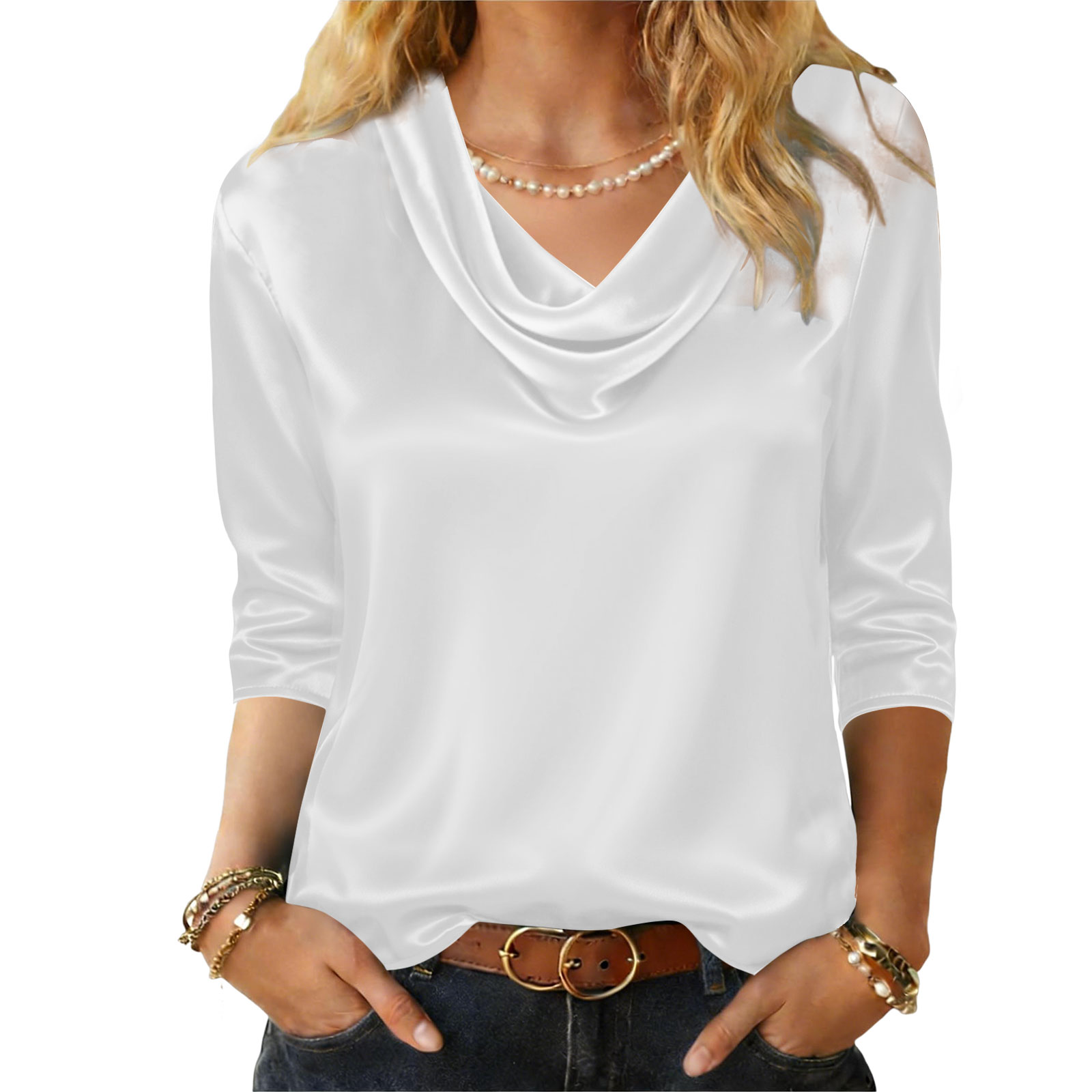 Chemise en satin à col châle pour femmes, rose, manches 3/4, chemise habillée décontractée à col châle, manches 4/4, hauts pour femmes, chemises de travail