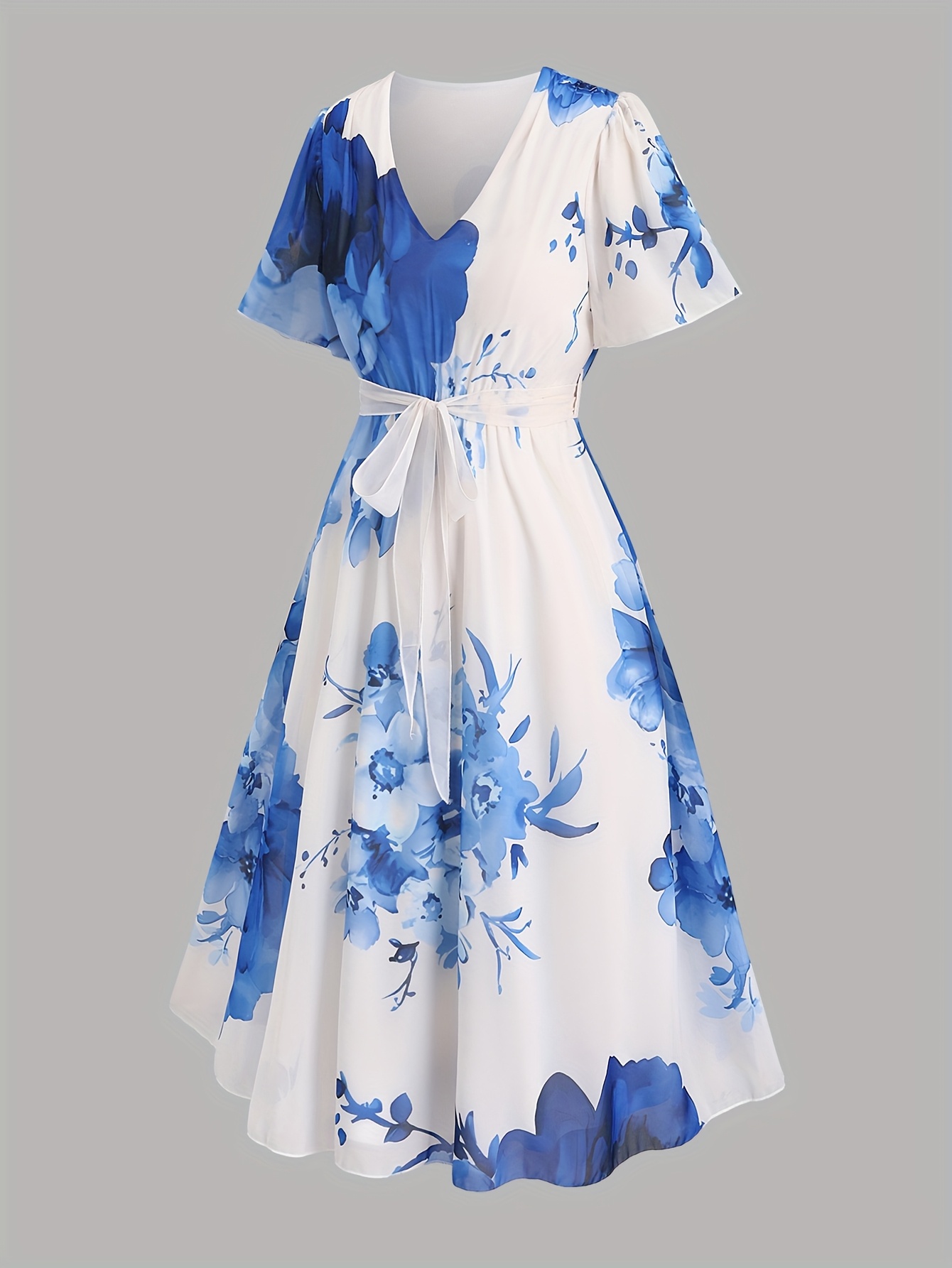 Robe mi-longue élégante et stylée à manches courtes, col en V, imprimé floral vintage, grande taille pour femme