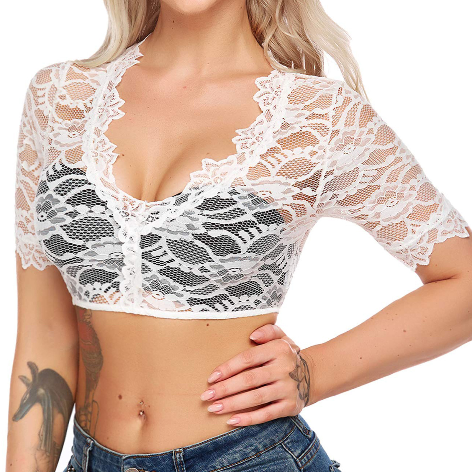 Chemisier élégant pour femmes, pour Oktoberfest, Sexy, col en V, Perspective, dentelle, haut court, noir, Dirndl, T-Shirt à manches courtes découpé