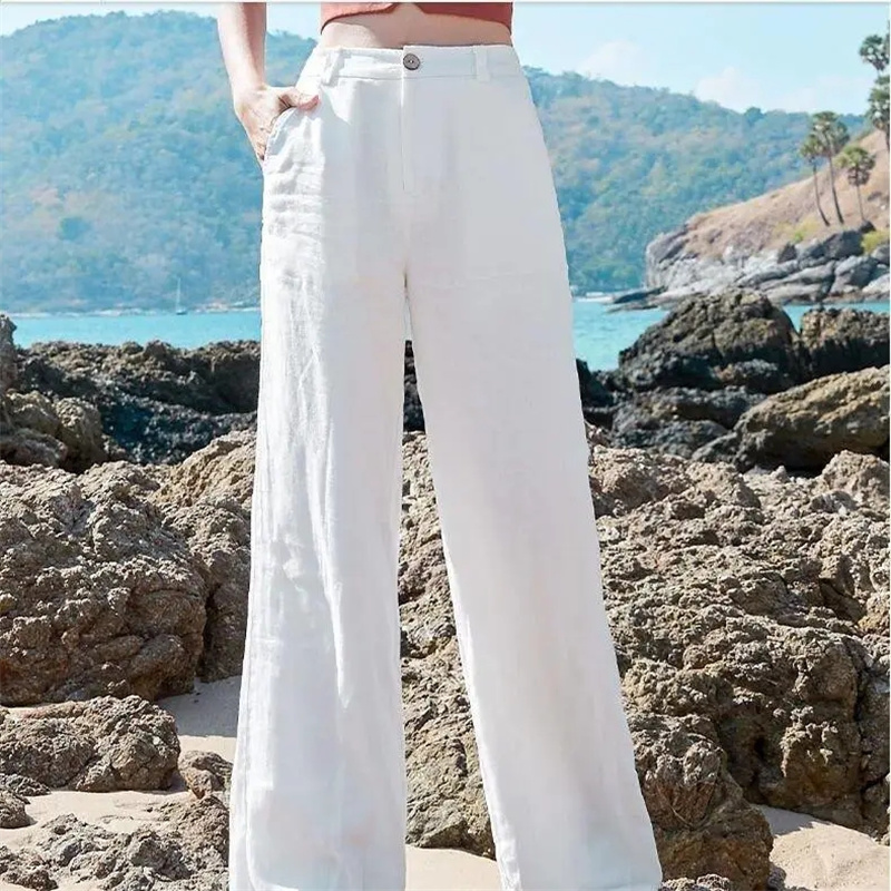Pantalon en lin taille haute élastique pour femme, pantalon long, jambe droite, monochrome, coton, jambe large, document, vêtements d'été