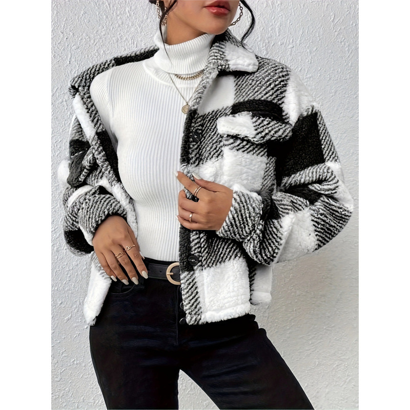 Veste femmes Plaid imprimé manteau en peluche automne hiver Vintage pardessus poches simple boutonnage col rabattu vêtements de dessus pour femmes