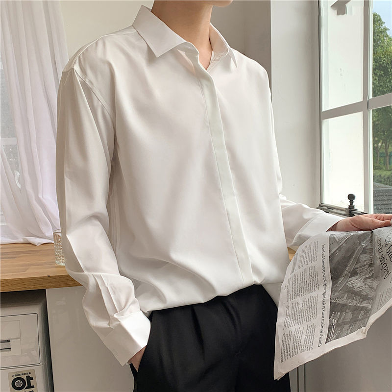Chemises drapées coréennes pour hommes, revers de document solide, manches longues, glace, boutons décontractés, vêtements pour hommes, nouveau