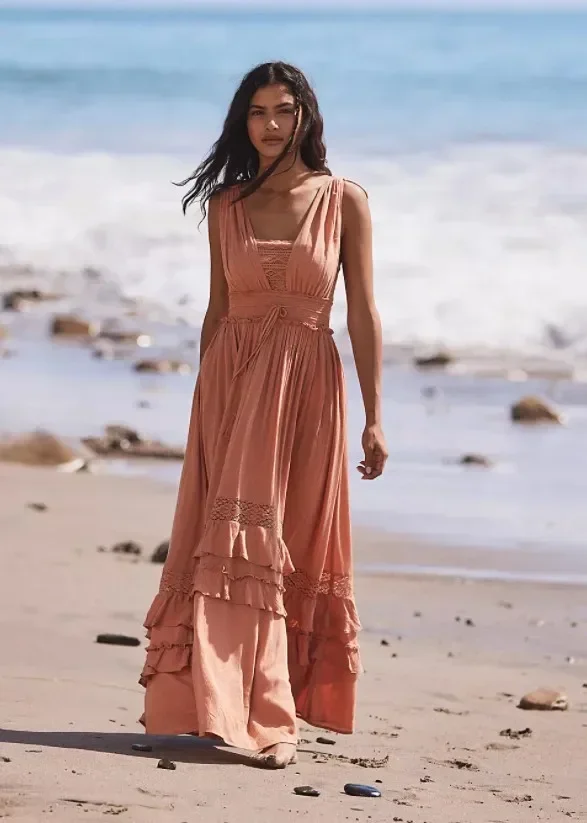 Canwedance été robe de plage sans manches coton Maxi robes Style Boho couleur unie dentelle à volants robe d'été Mujer robes