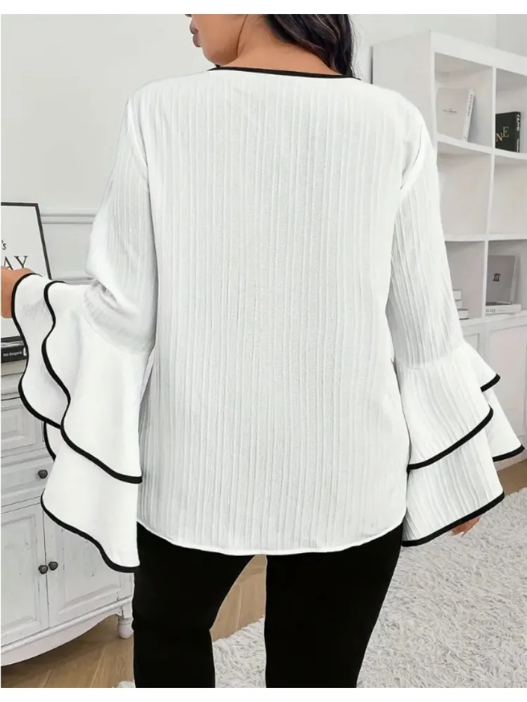T-shirt femme grande taille 2025 printemps/été nouveau décontracté couleur unie col rond évasé haut à manches longues