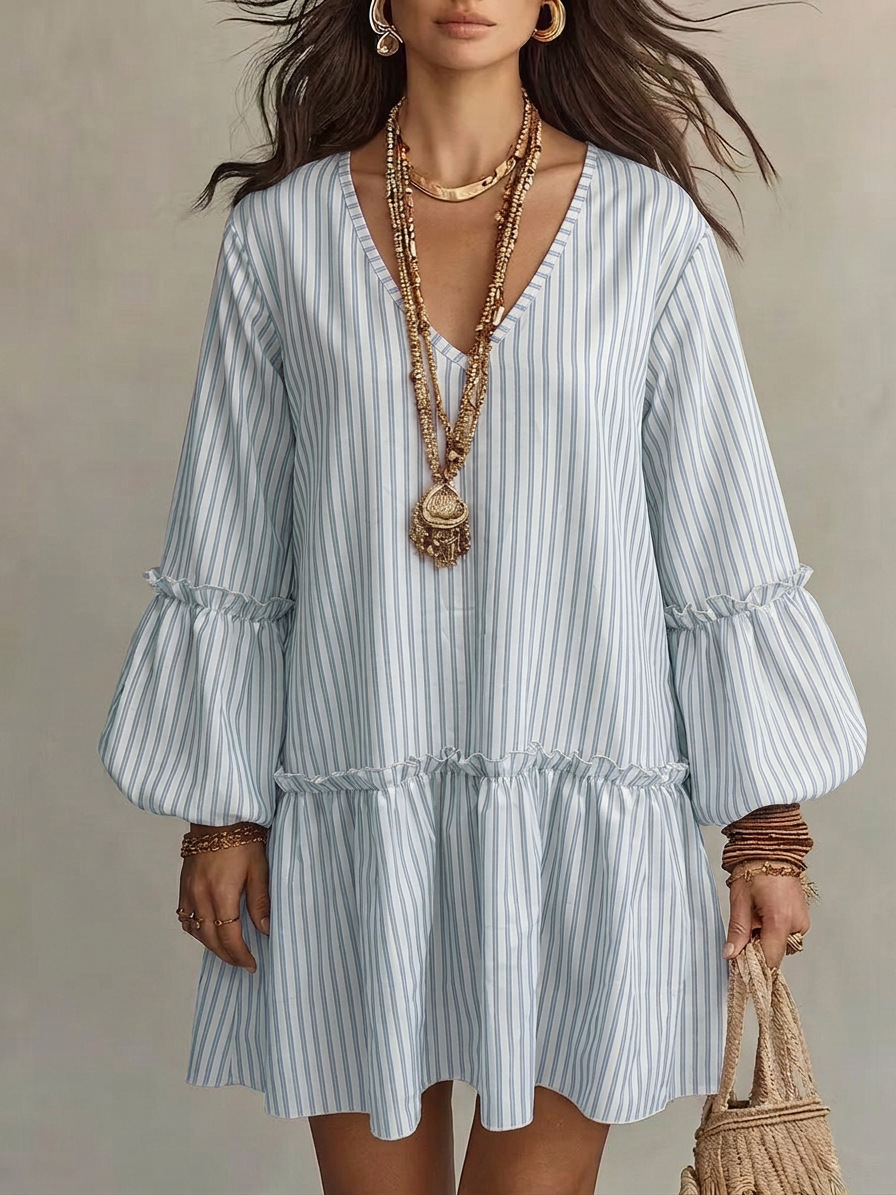 Robe Courte Décontractée Printemps Automne Rayée Colorée Tendance Style Urbain Manches Longues Col V Taille Haute Manches Lanterne