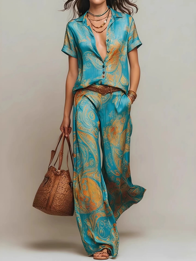 Ensemble deux pièces bohème pour femme, imprimé cachemire, haut à manches courtes col en V, pantalon large, tenue décontractée pour les vacances