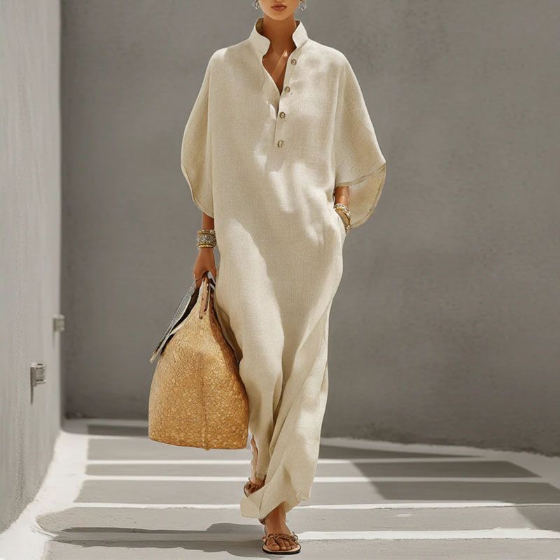 Robe longue bohème pour les vacances d'été, robe de soirée élégante à col montant et boutons pour femme, robe maxi ample à manches chauve-souris pour le printemps