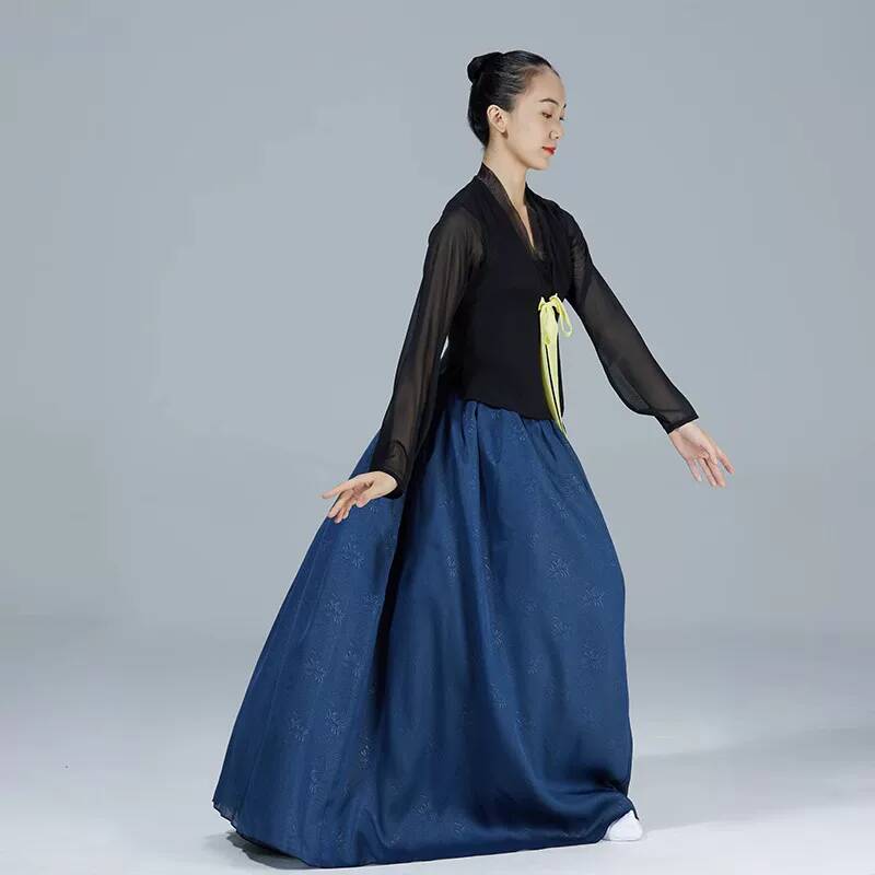 Costume de danse ethnique coréen pour femmes, haut à manches longues transparent avec nœud papillon, jupe longue ample et évasée, ensemble de tenue de compétition de danse folklorique