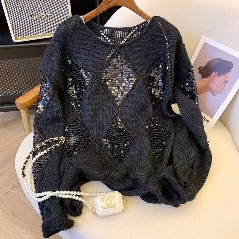 Pull en tricot à paillettes pour femmes, automne