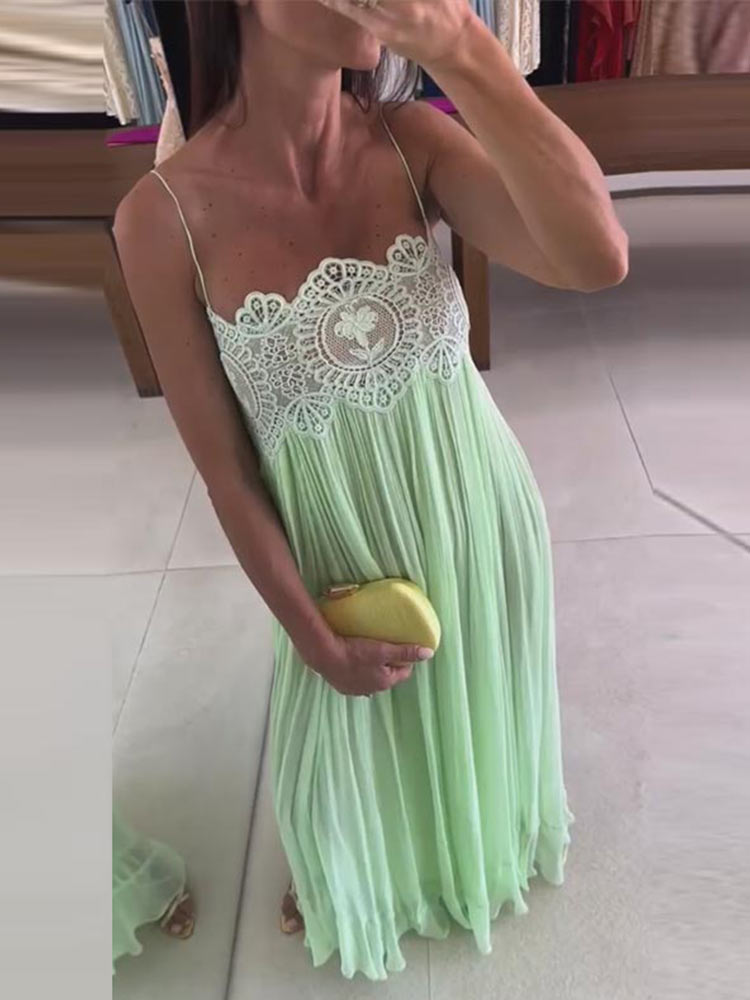 Robe longue d'été pour femme en dentelle florale, transparente, ajourée, plissée, à fines bretelles spaghetti, coupe ample, verte, 2026