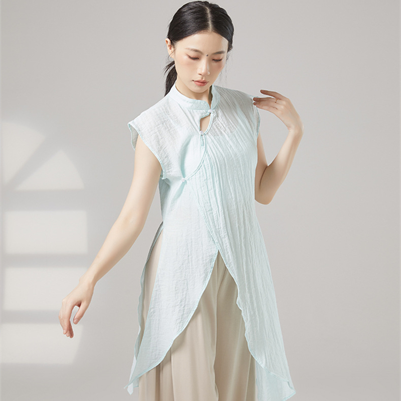 Costumes de danse classique pour femmes, Vintage, col Qipao, hauts Hanfu, robe longue, chemise à manches courtes, ourlet irrégulier, vêtements de Performance