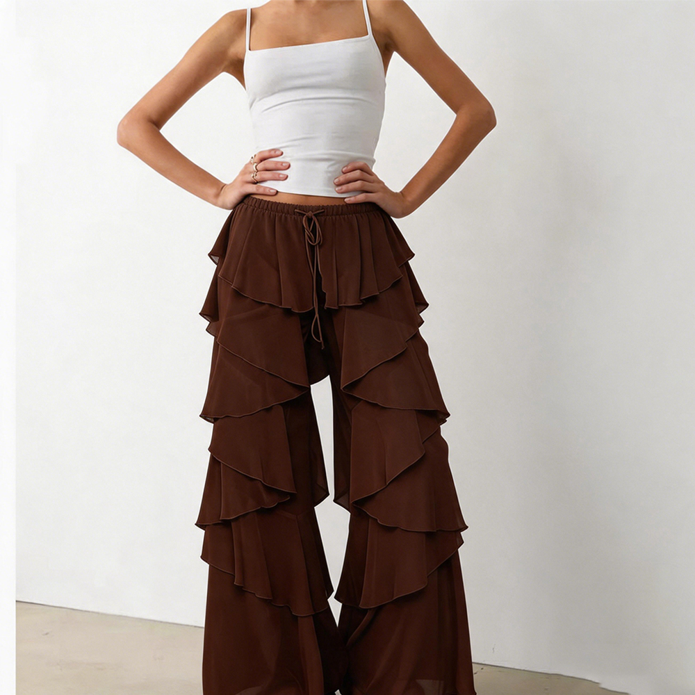 Pantalon Palazzo Bohème en Chiffon Transparent à Volants Superposés pour Femme, Taille Haute, Ample et Fluide, avec Cordon de Serrage, Idéal pour les Vacances