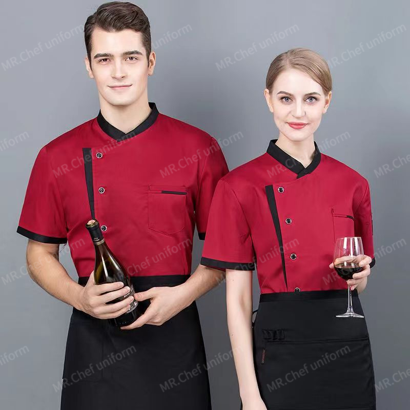 Uniforme de Chef à manches courtes, ensemble d'été pour Restaurant, hôtel, cuisine, vêtements de travail pour hommes, veste de Chef respirante, tenue tablier, manteau de chef pour femmes
