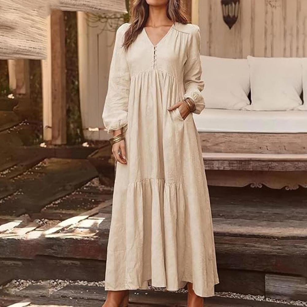 Robe longue plissée pour femmes, manches longues bouffantes, col en v, à volants, avec poches, couleur unie, style Boho, plage