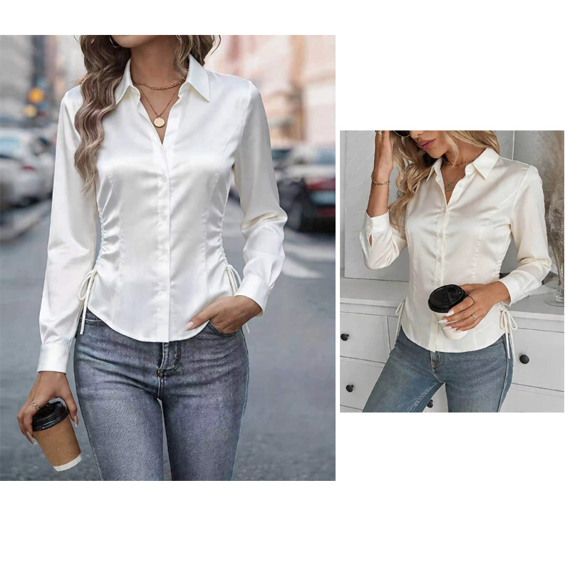 Chemisier en satin pour femme, manches longues, col rabattu, cordon de serrage latéral, froncé, coupe ajustée, chemise blanche élégante pour le bureau ou décontractée