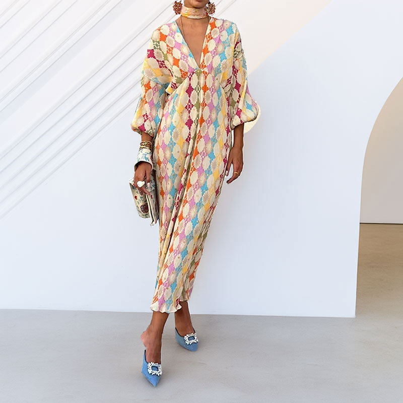 Robe Imprimée Contrastante Tendance avec un Style Élégant, Col en V Ajusté, Manches Courtes, Sexy et Décontractée pour les Vacances, Robe pour Femme