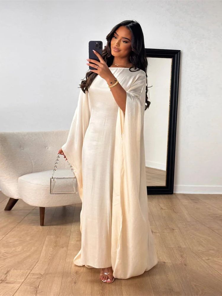 Ramadan Eid été Satin chauve-souris Abaya dubaï femmes Islam musulman Maxi caftan robes Kebaya Caftan Marocain Robe Femme Musulmane