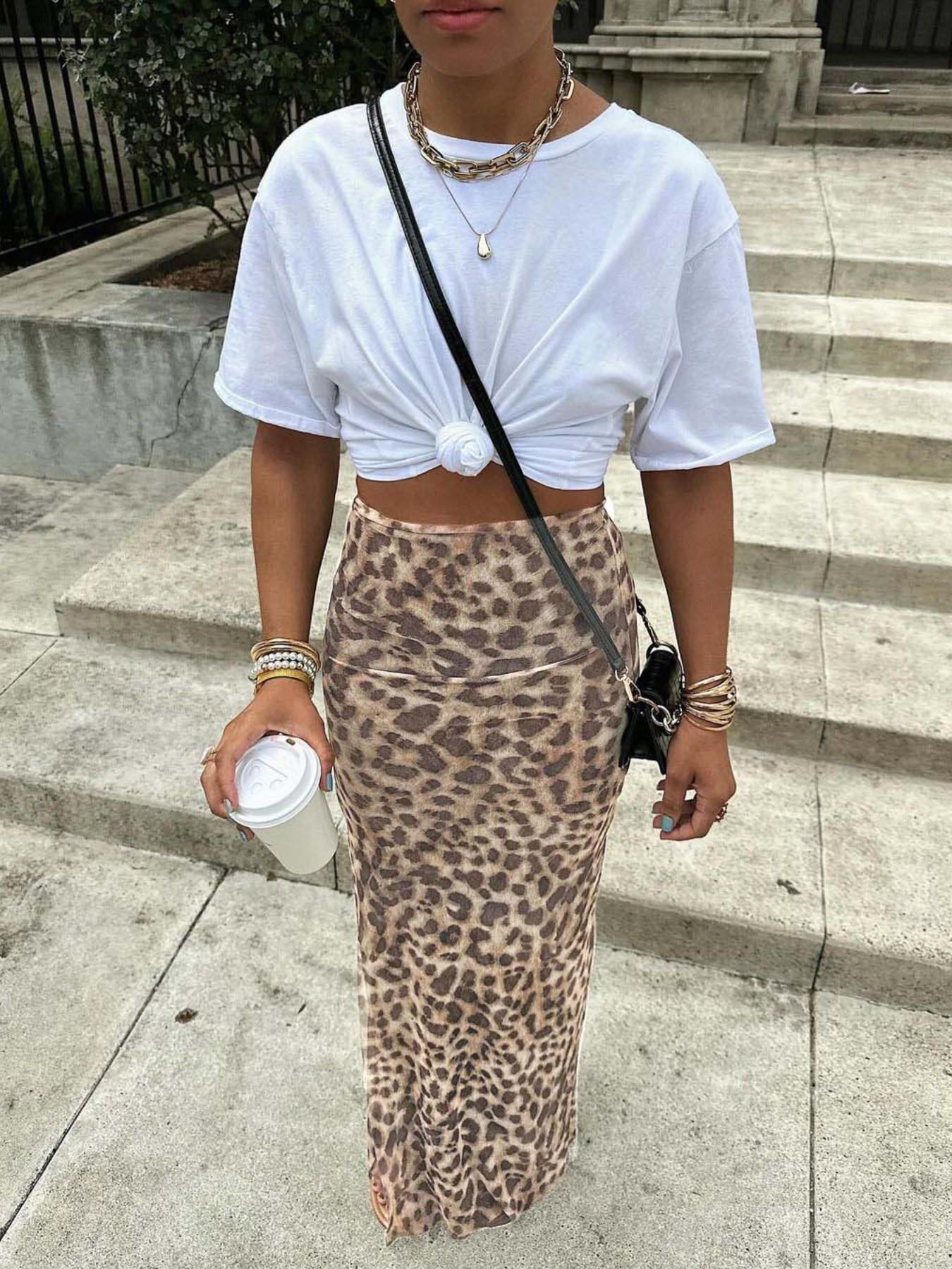 Jupe longue en maille imprimé léopard taille haute pour femme, coupe ajustée en H, design fendu, bas de tenue polyvalent et tendance