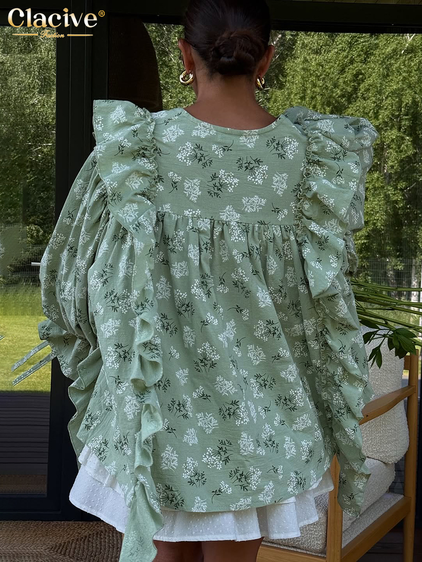 Clacive mode ample imprimé chemise pour femme 2025 décontracté col rond à manches longues chemises élégant classique à volants hauts vêtements féminins