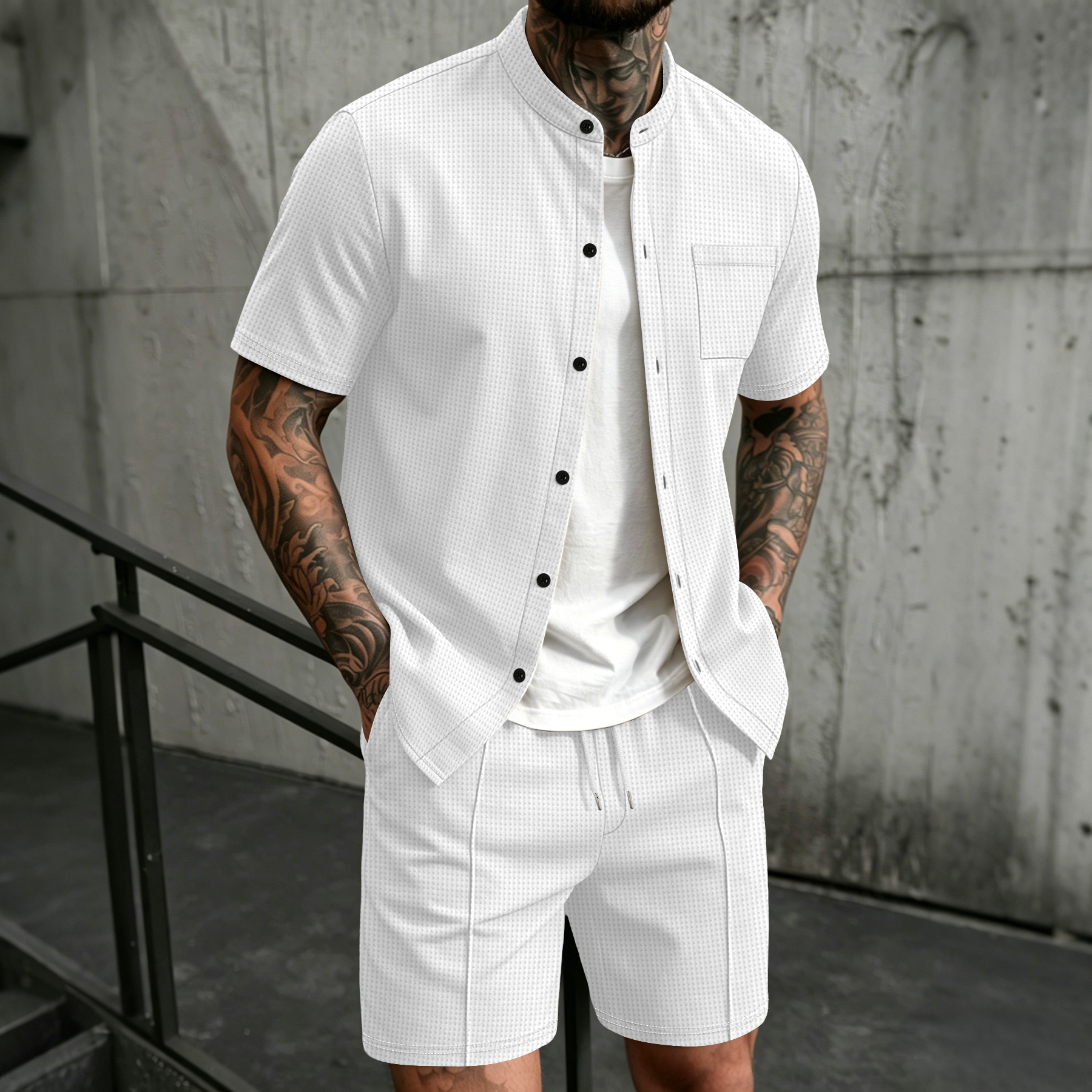 Ensemble 2 pièces pour homme, chemise à manches courtes à col montant avec poche poitrine et short à cordon de serrage, ensemble coordonné décontracté