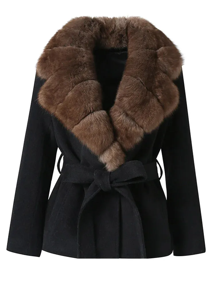 Châle fausse fourrure laine manteau femmes élégant à lacets manches longues ceinturé taille manteaux femme automne hiver mode chaud dame outwear