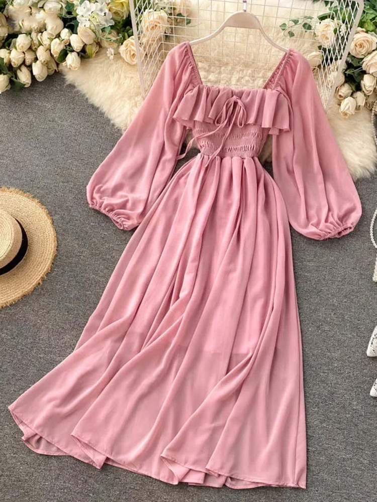 Robe Maxi élégante à col carré pour femmes, en mousseline de soie unie, manches bouffantes, Vintage, Robe de soirée de plage, à volants, Chic, Y2K
