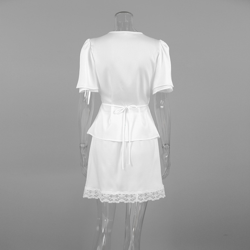 Ensemble 2 Pièces en Satin et Dentelle pour Femme, Col V, Manches Courtes, Haut à Lacets et Mini-Jupe, Nouvelle Collection 2026, Tenue de Soirée et de Vacances