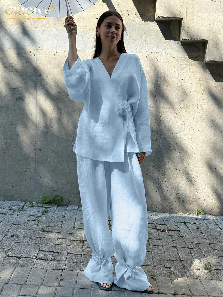 Clacive mode ample bleu deux pièces tenues femme 2025 élégant chemise à manches longues avec taille haute pantalon large ensemble vêtements féminins