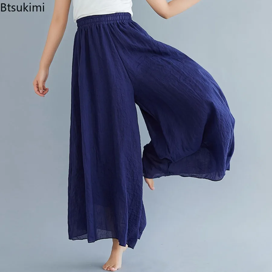 Pantalon décontracté style ethnique 2026, nouveau pantalon large en coton et lin, culotte unie, confortable et polyvalent, style vintage pour femme
