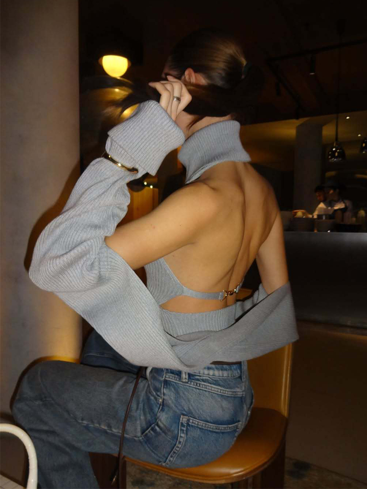 Ensemble sexy 2 pièces pour femmes : pull à col roulé et châle, tricot côtelé, manches longues, dos nu, style Y2k, streetwear automne-hiver