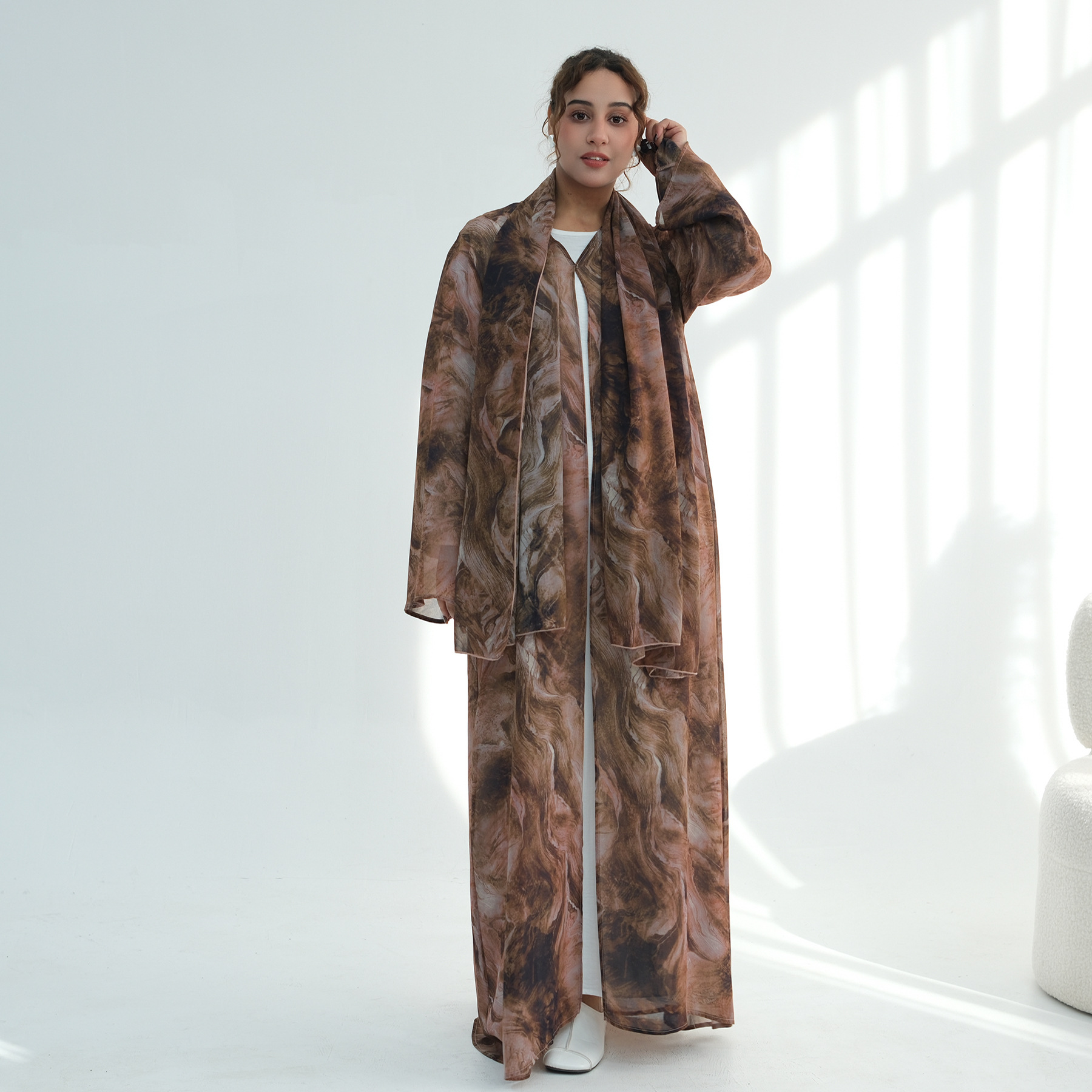 Abaya ouvert en mousseline de soie, ombré, aquarelle, marbre, imprimé Tie-Dye, Premium, dubaï, ensemble de 2 pièces, vêtements islamiques, vente en gros