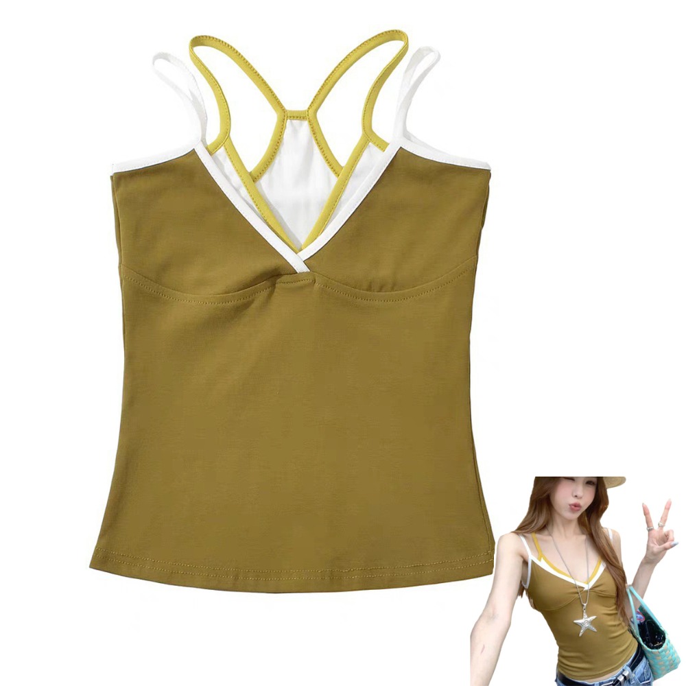 Débardeur Camisole Faux Deux Pièces Tendance, Coupe Ajustée à Bretelles, Crop Top Sexy, Haut de Base pour Usage Quotidien