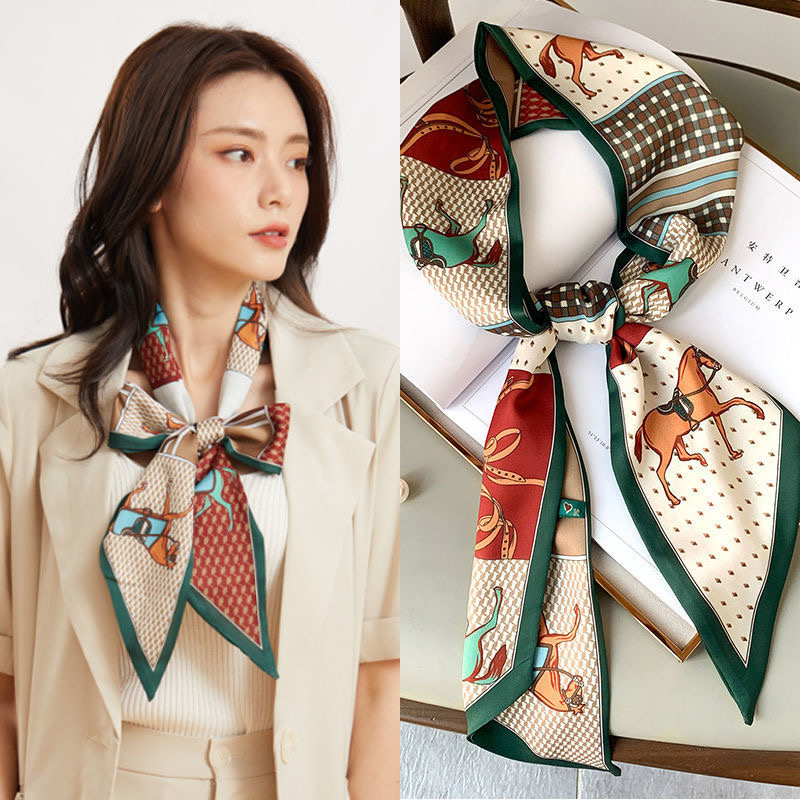 Foulard en soie imprimé bleu pour femmes, bandeau cheval en Satin doux, foulard biseauté, Hijab de bureau, sac, rubans, cadeau