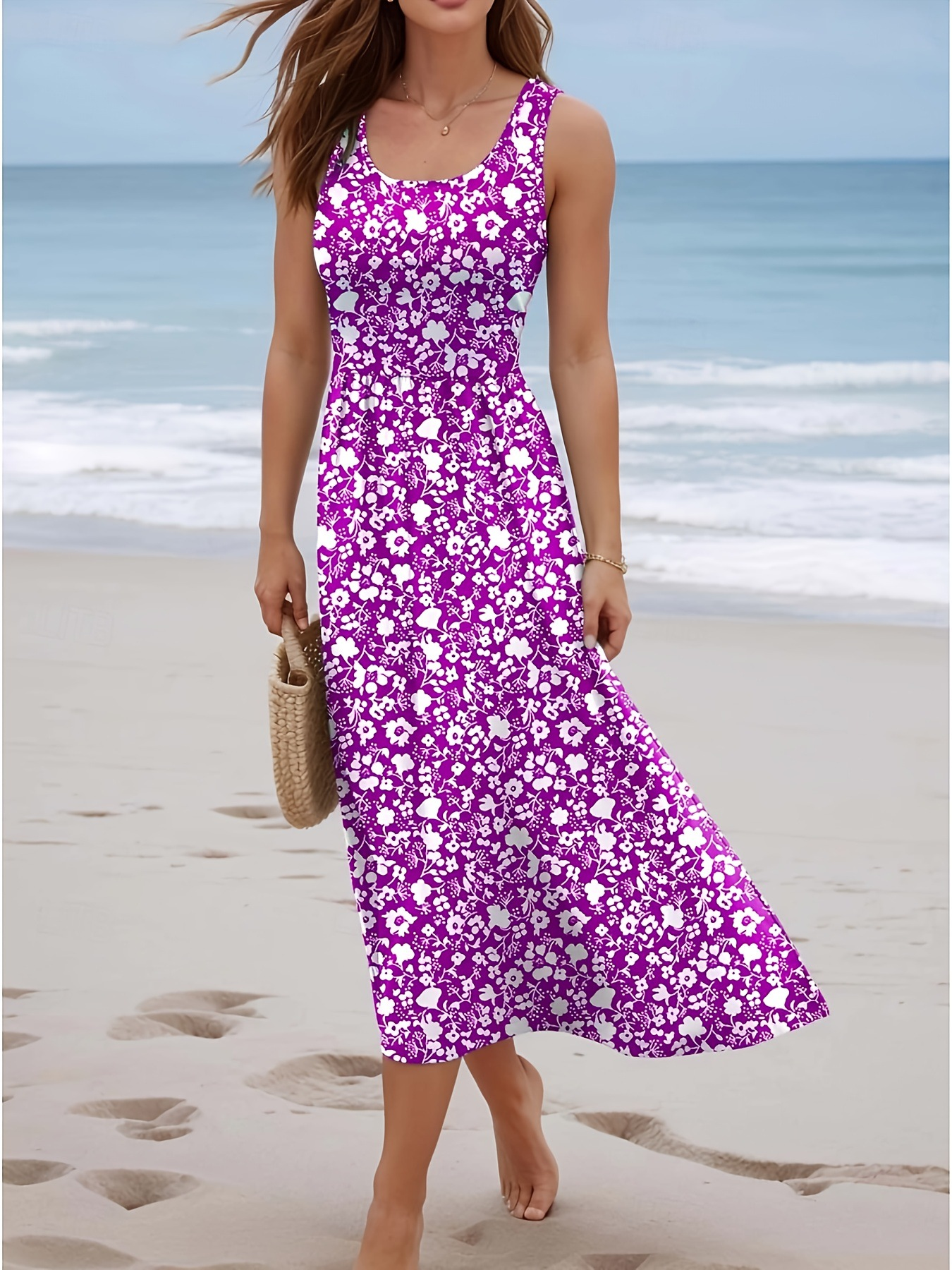 Robe longue d'été sans manches pour femme, col en U, imprimé floral bohème, fluide, décontractée, pour la plage et les vacances