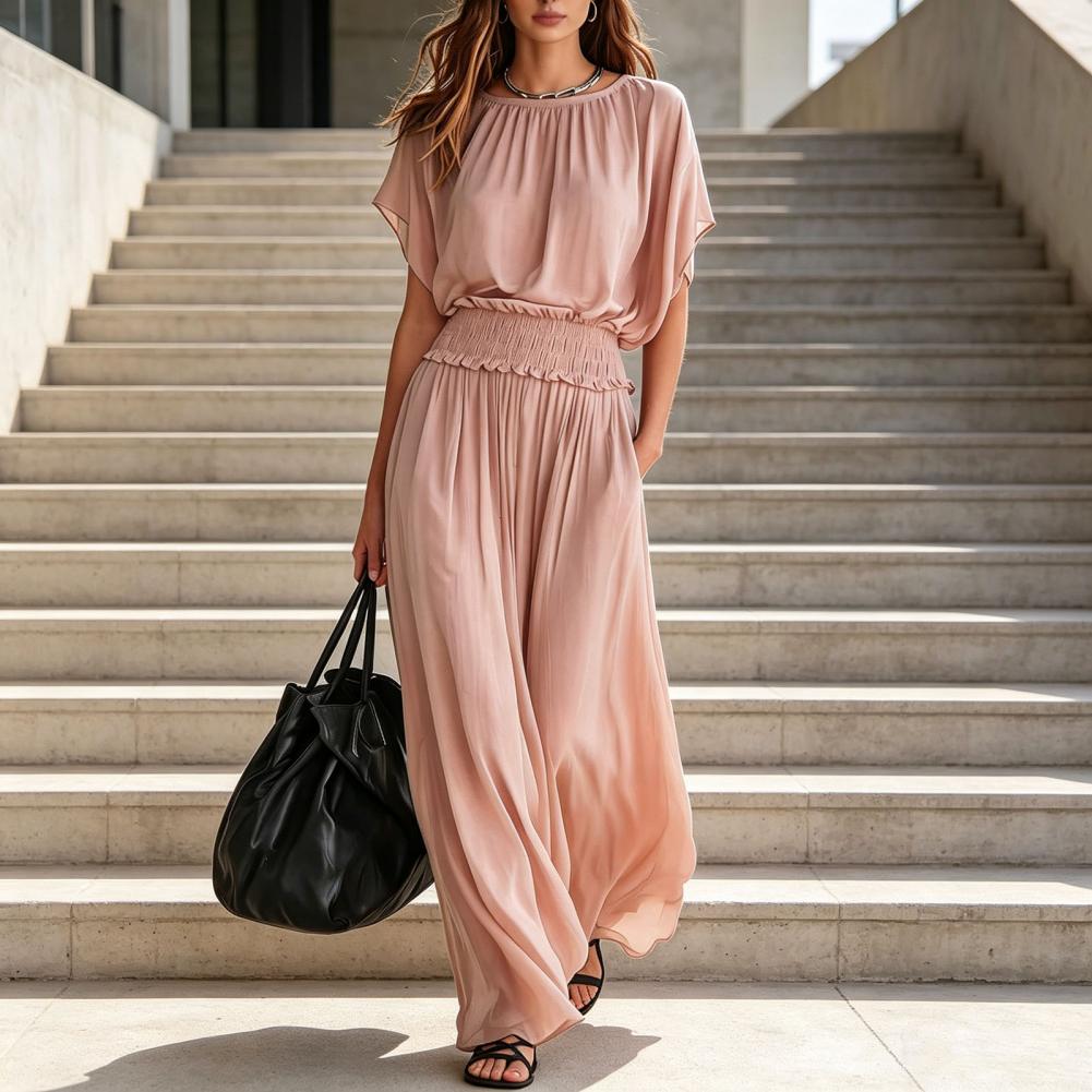 Robe longue en mousseline pour femme, col bateau, manches courtes, coupe trapèze, poches, fluide, pour cocktail, soirée, invitée de mariage, style bohème