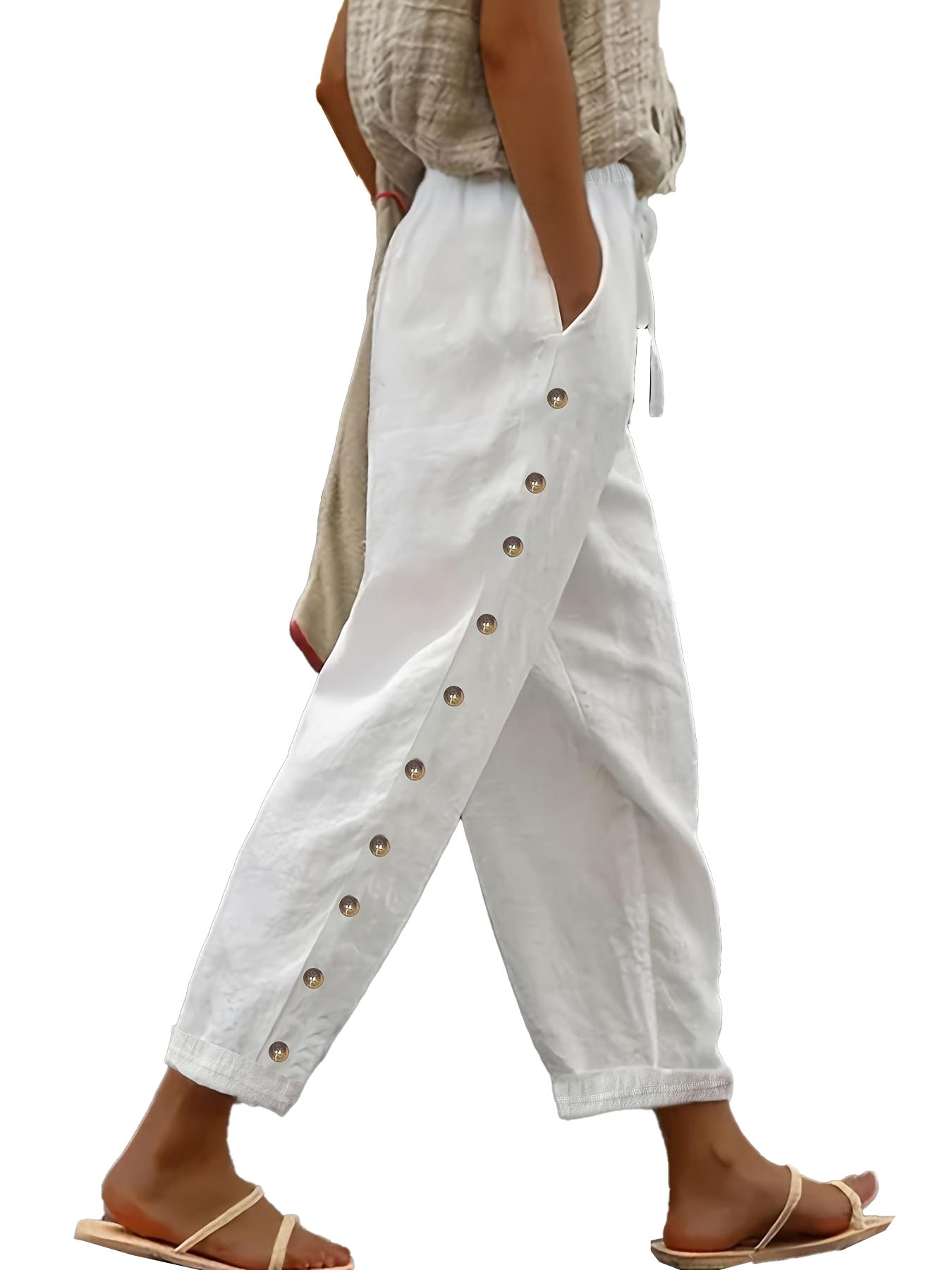 Pantalon taille élastique pour femme – Pantalon décontracté coupe décontractée, pantalon de salon polyvalent de longueur 3/4