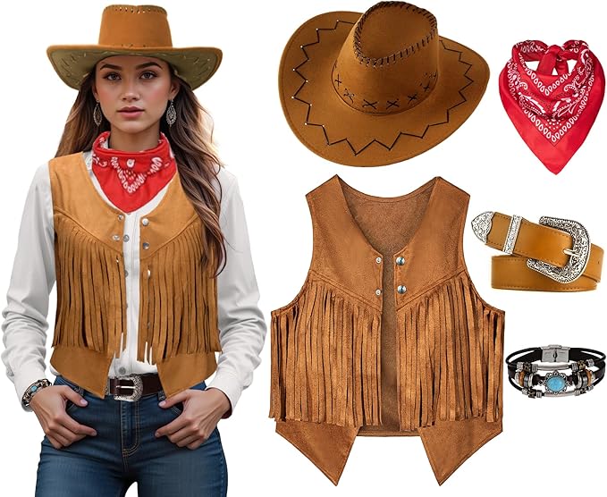 Costume de Cowgirl pour femmes et hommes, gilet occidental, chapeau, ceinture, ensemble Bandana pour Cowboy, glands, gilet à franges, tenues d'halloween, Cosplay du Wild West