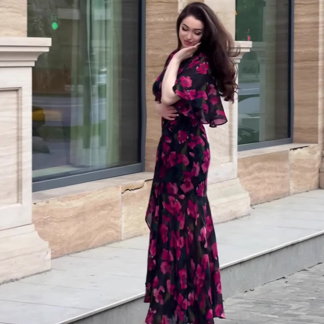 Robes d'été Vintage pour femmes, nouvelle mode américaine et européenne, Sexy, col en v, manches courtes, imprimé floral, longueur cheville, vêtements féminins