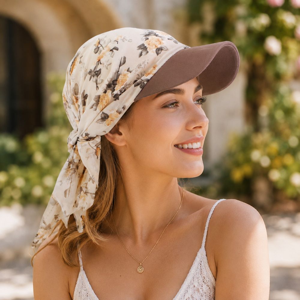 Casquette de baseball légère en mousseline de soie avec foulard intégré, protection solaire, imprimé floral, pour chimiothérapie