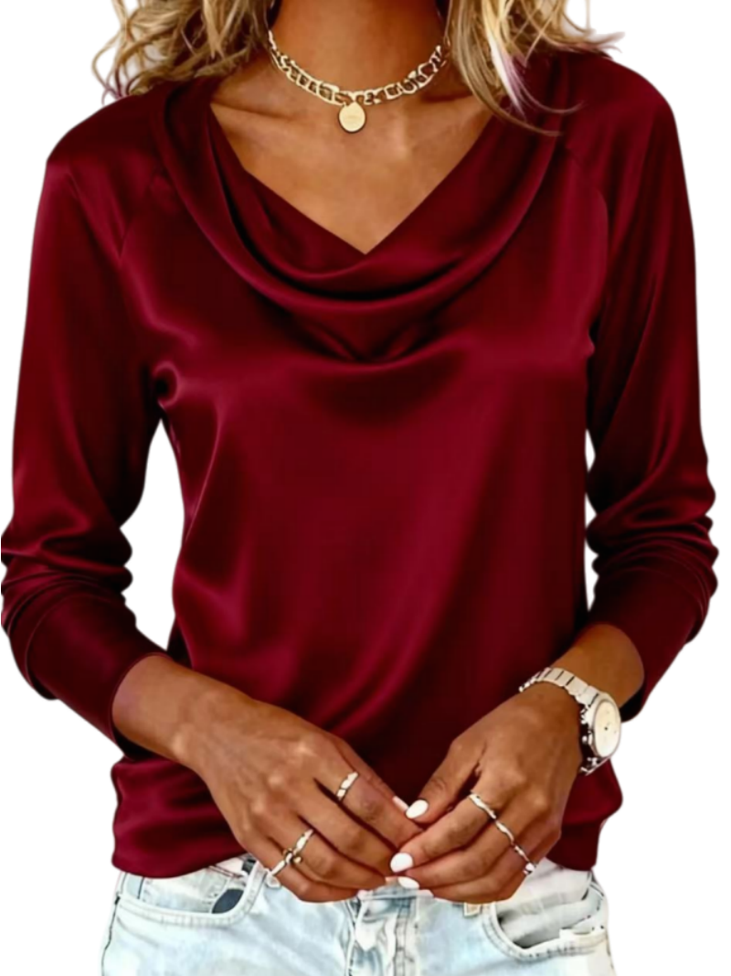 Chemise à manches longues en satin pour femme - Col bénitier - Couleur unie - Soie - Style haut - Pour un look décontracté et de bureau