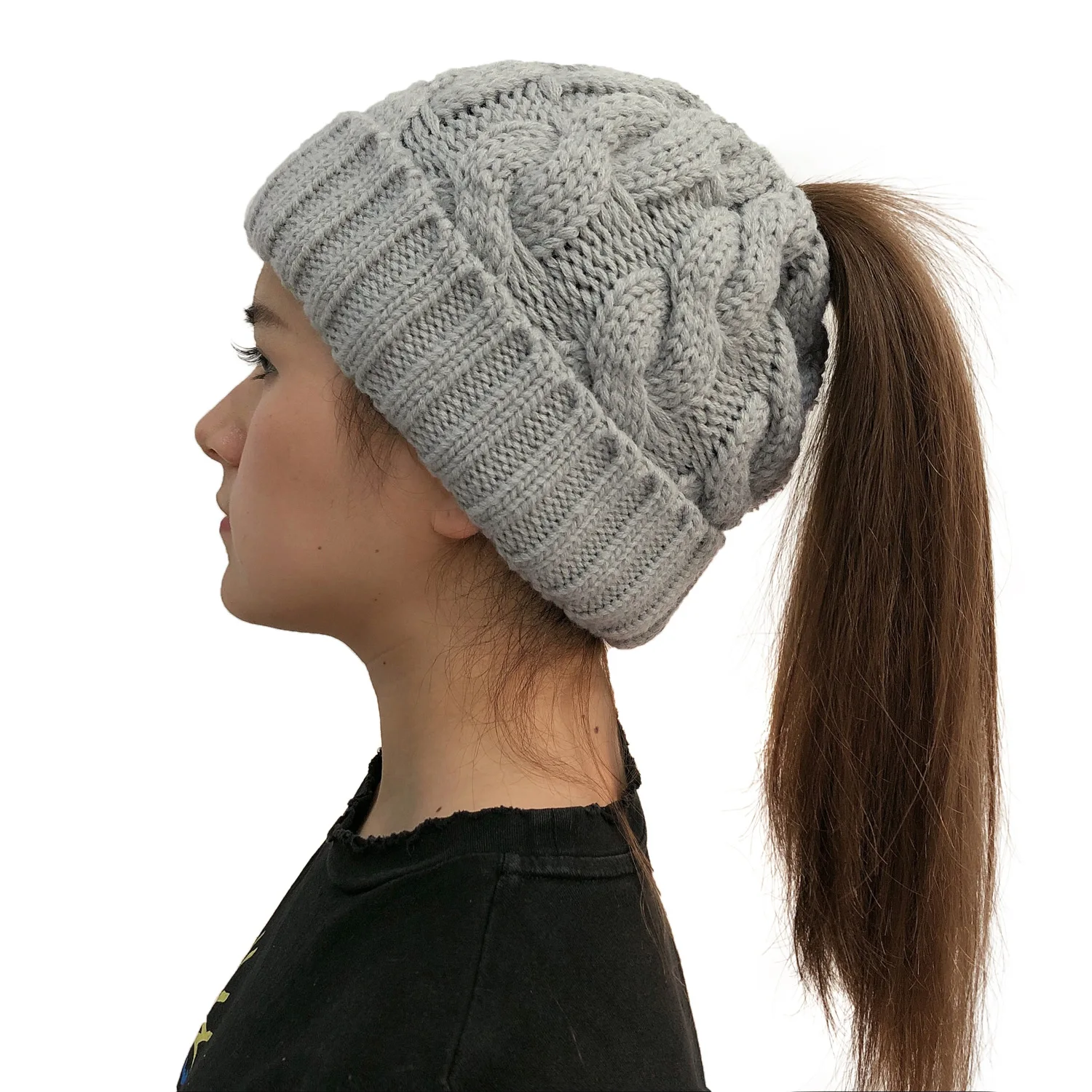 Femmes hiver chapeaux bonnets tricoté filles casquette torsion Crochet chapeaux d'hiver pour femme pompon Beanie oreille tresse queue de cheval chapeau Skullies