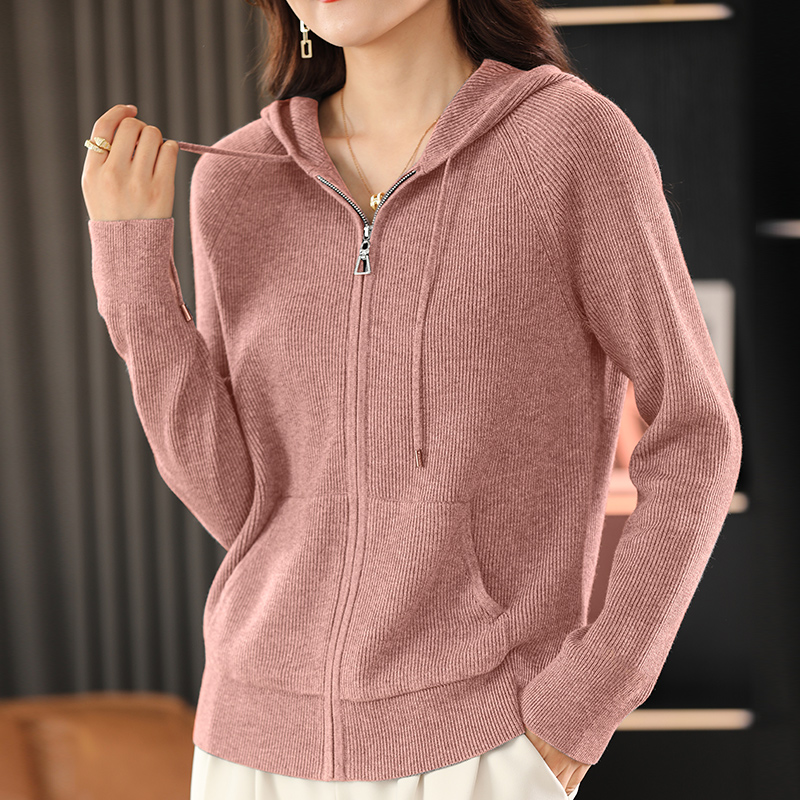 Pull en mélange de laine pour femme, col à capuche, tricoté épais, fermeture éclair, avec base de poche, automne et hiver ​ Top manteau femme