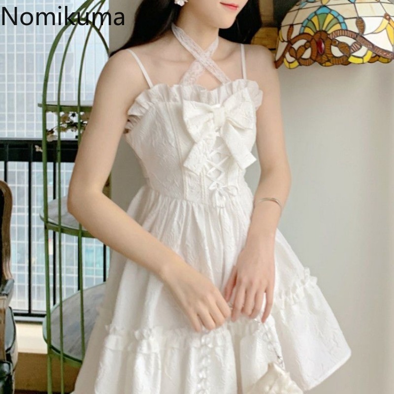 Robe d'été mignonne pour femmes, Style Lolita, douce japonaise, à bandes, avec nœud, à volants, blanche, 2025