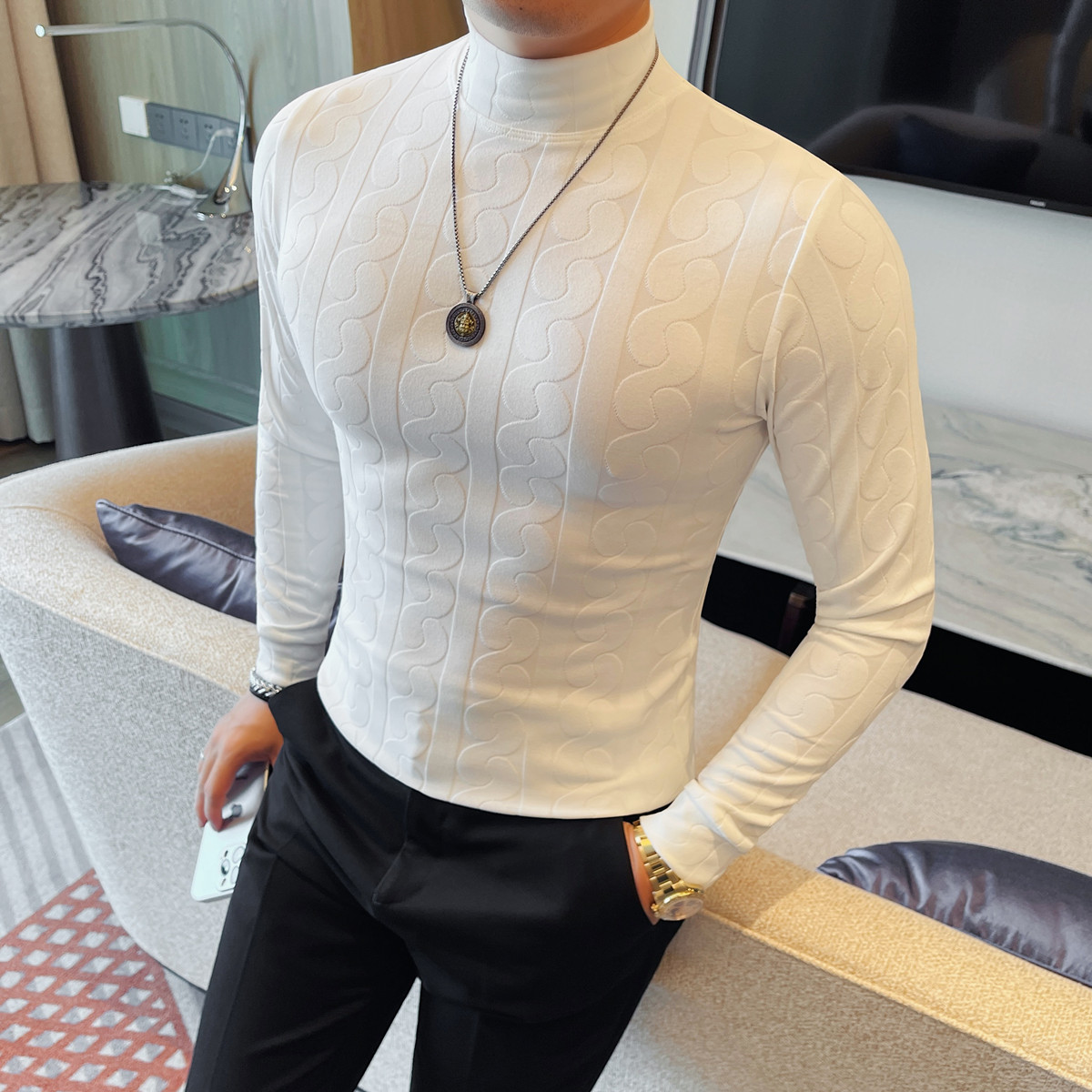Hommes col roulé t-shirts mode coréenne vêtements de luxe à manches longues hommes t-shirt style décontracté coupe ajustée couleur unie t-shirt Homme 4XL
