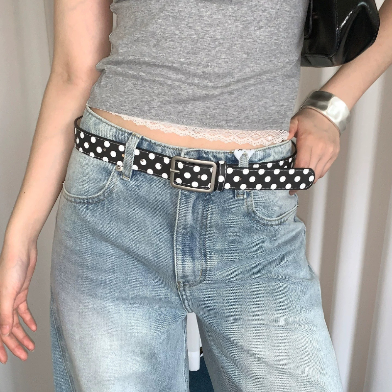 Ceinture en cuir vintage à pois noirs et blancs, élégante et ajustable, accessoire de mode pour robe, pour femme