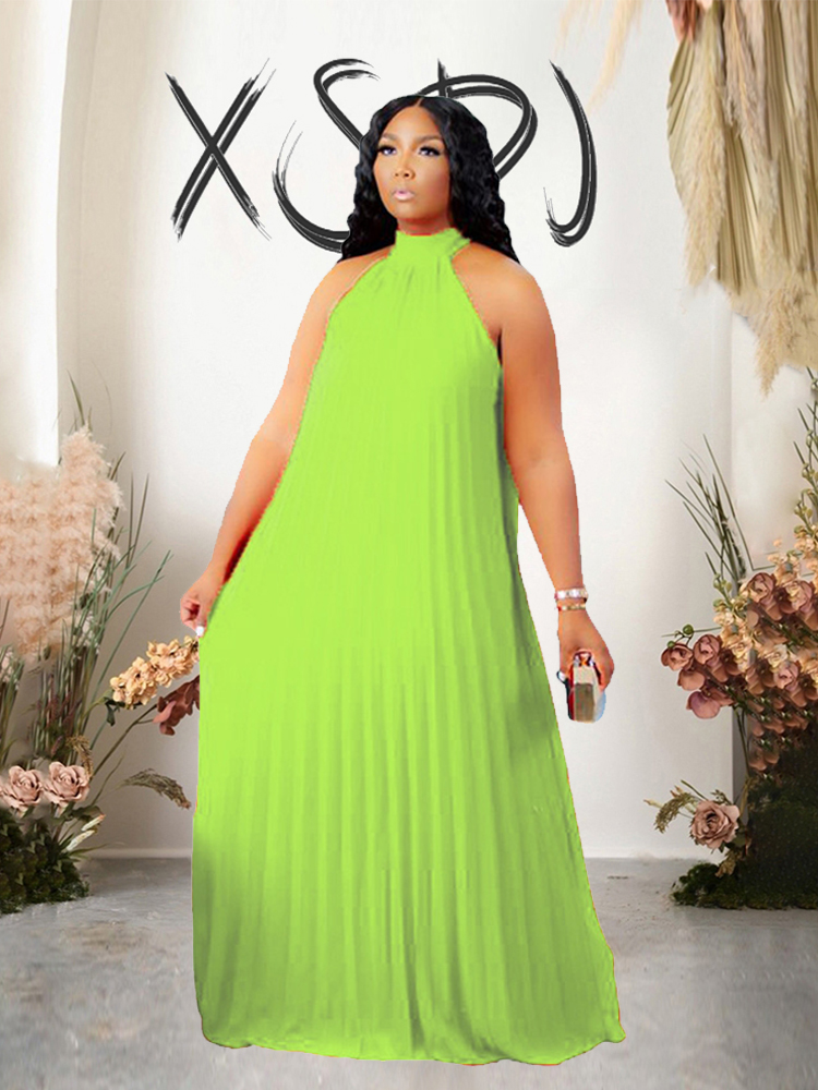 Robe longue plissée en mousseline de soie pour femme, robe de soirée élégante, grande taille, robe licou ronde, vêtements d'été sexy, grande taille