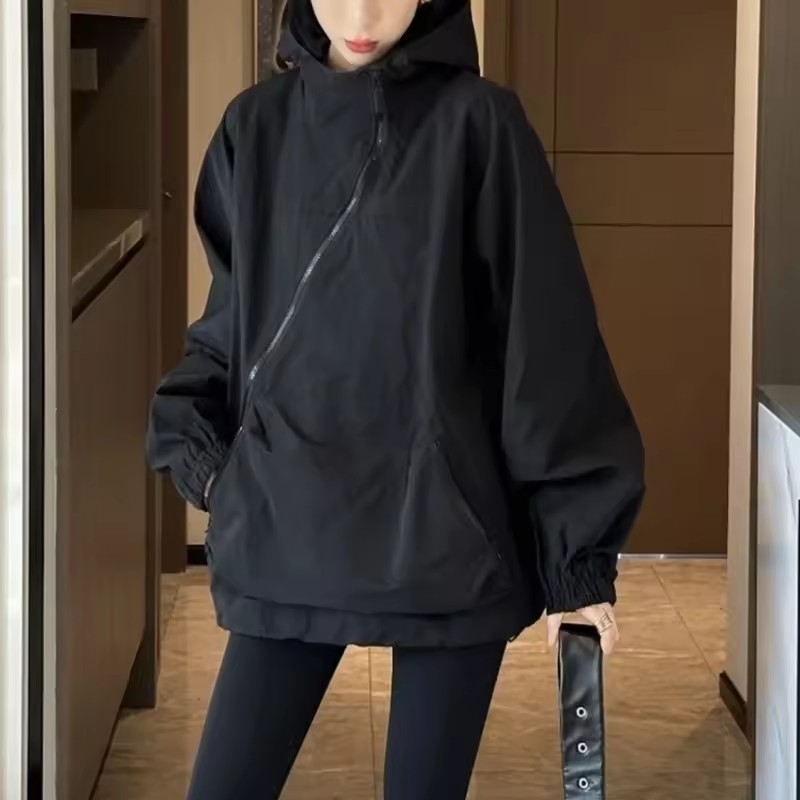 Mode femmes vestes à capuche diagonale fermeture éclair conception Vintage automne Baggy BF loisirs de plein air tout-match Chaqueta Mujer